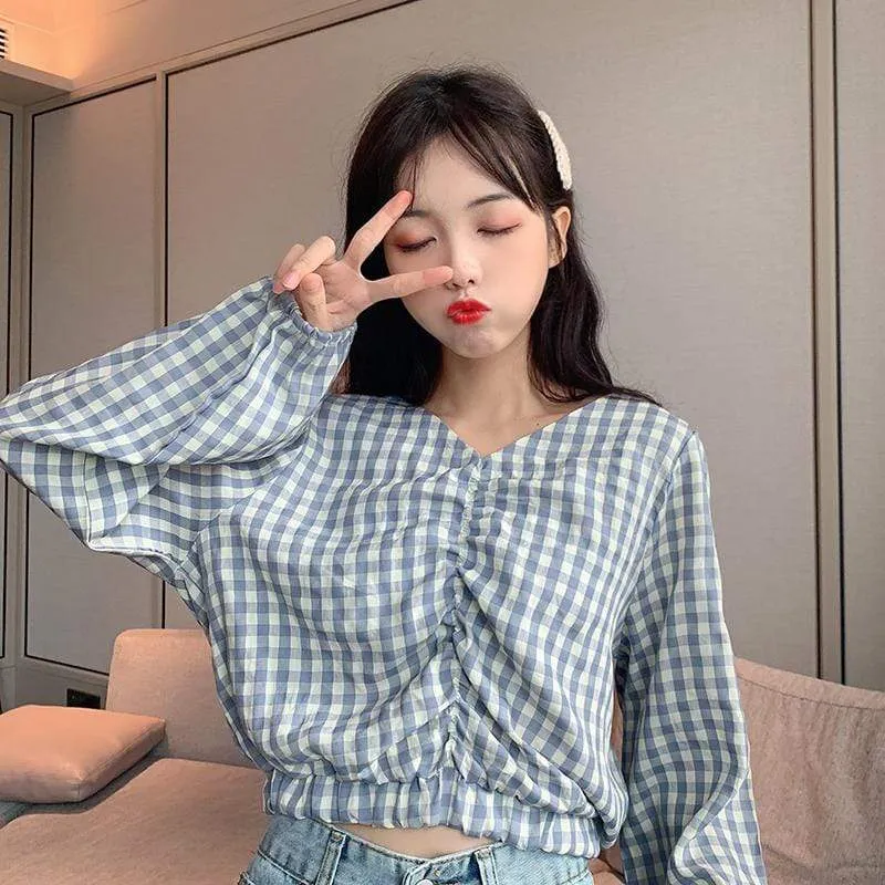 Kawaii V-neck Plaid Shirt