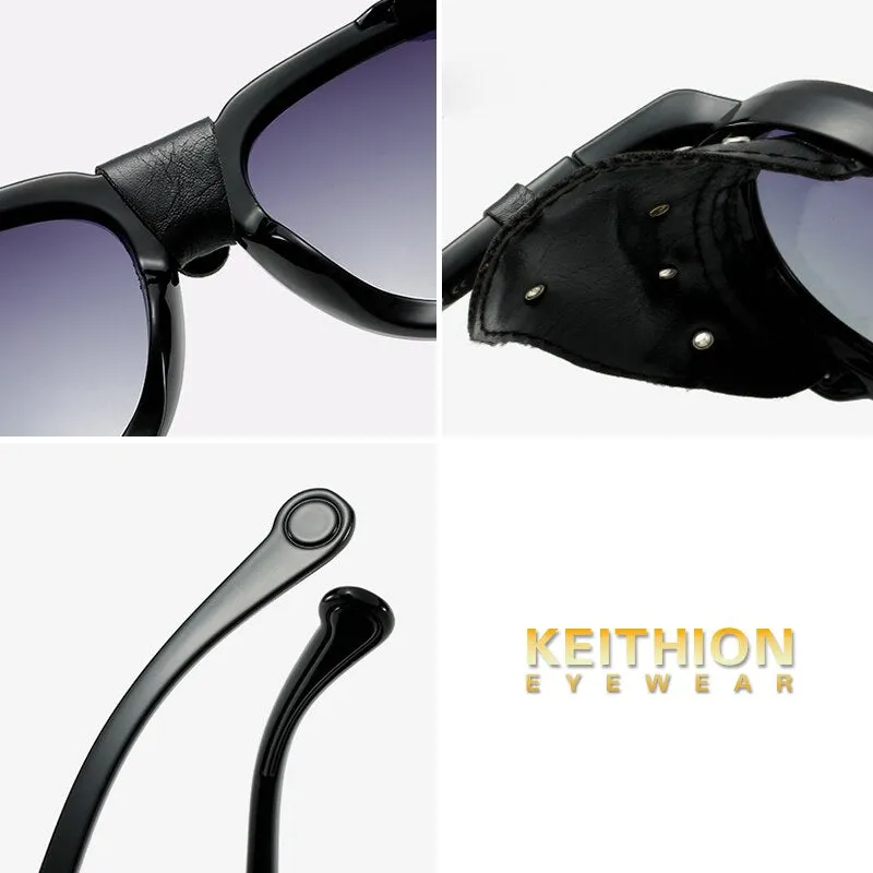 KEITHION  Retro Round Punk Steampunk Sunglasses For Men Leather Side Shield Male Sun Glasses UV400 Eyewear Red