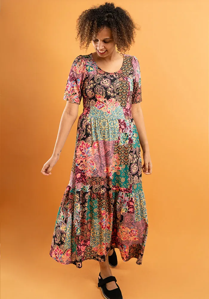 Kellan Patchwork Paisley Print Tiered Hem Midaxi Dress