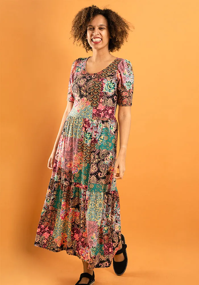 Kellan Patchwork Paisley Print Tiered Hem Midaxi Dress