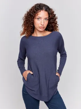 Knit Sweater with Back Detail Lace-Up - Denim