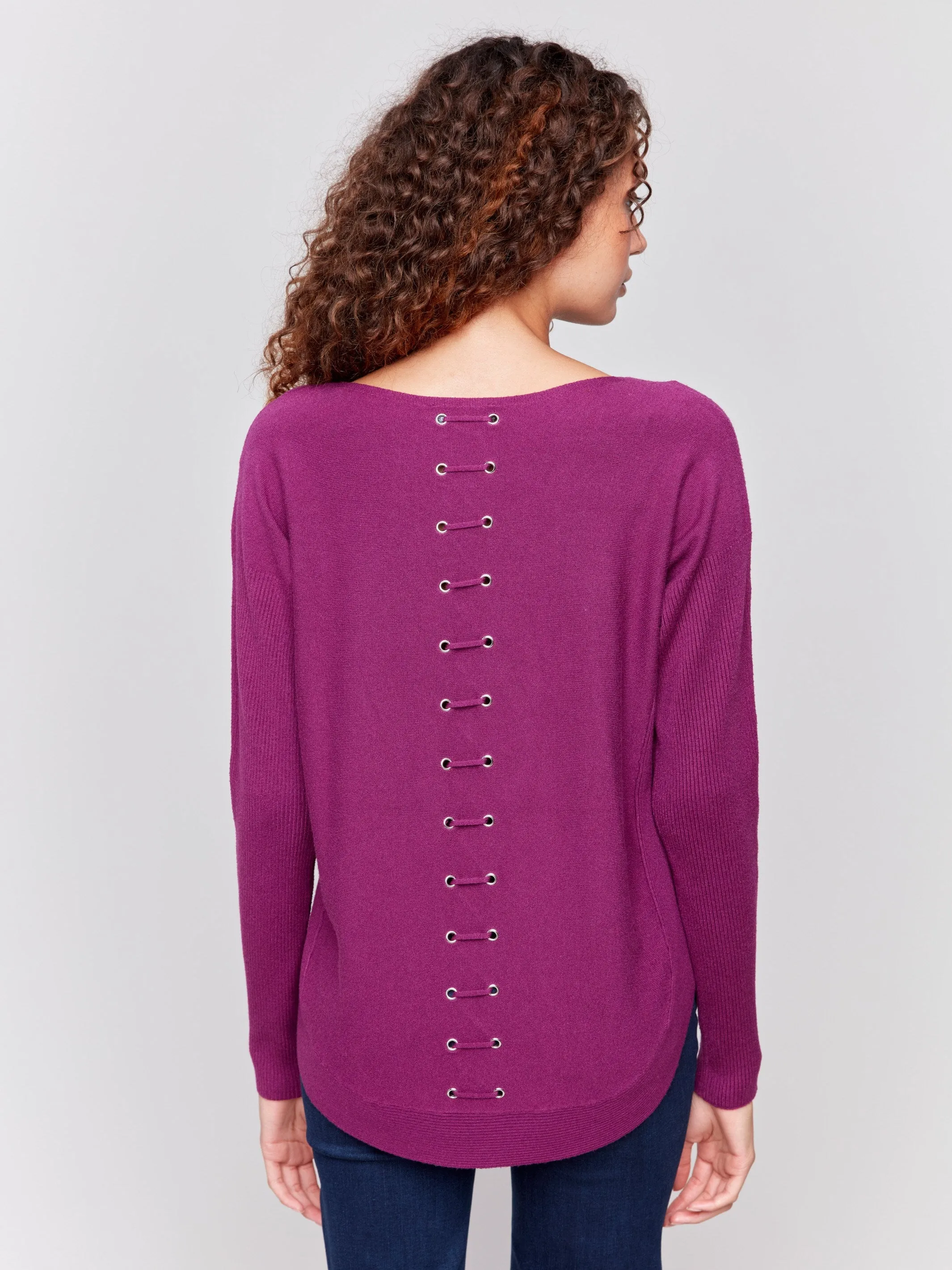 Knit Sweater with Back Detail Lace-Up - Mulberry