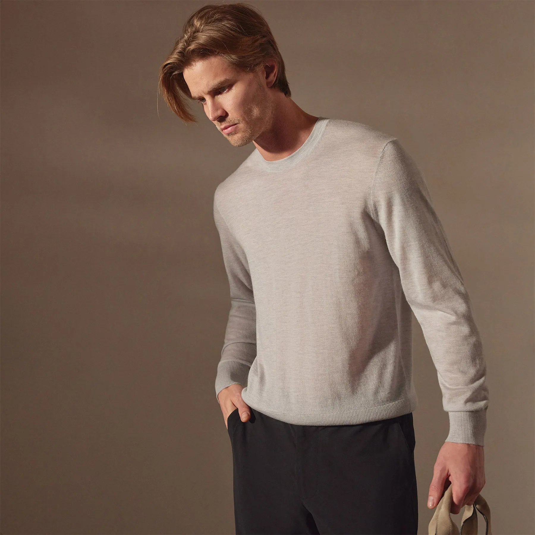 Lightweight Fine Gauge Cashmere Crew - Stone