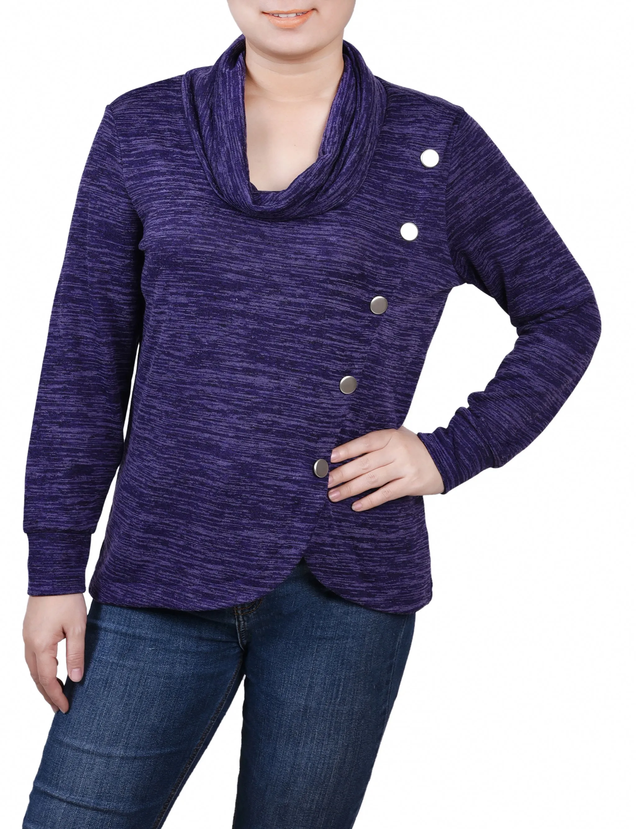 Long Sleeve Overlapping Cowl Neck Top