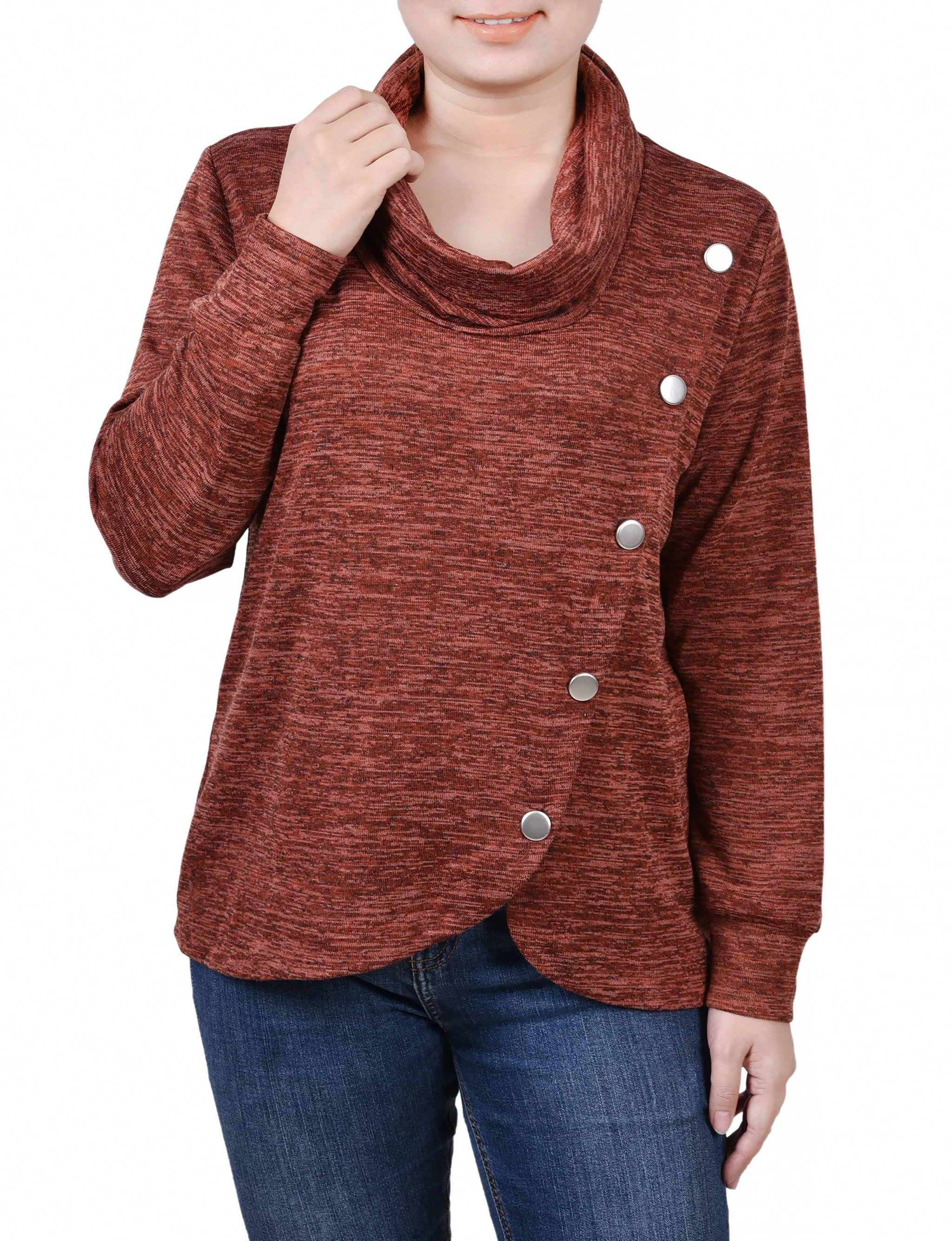 Long Sleeve Overlapping Cowl Neck Top