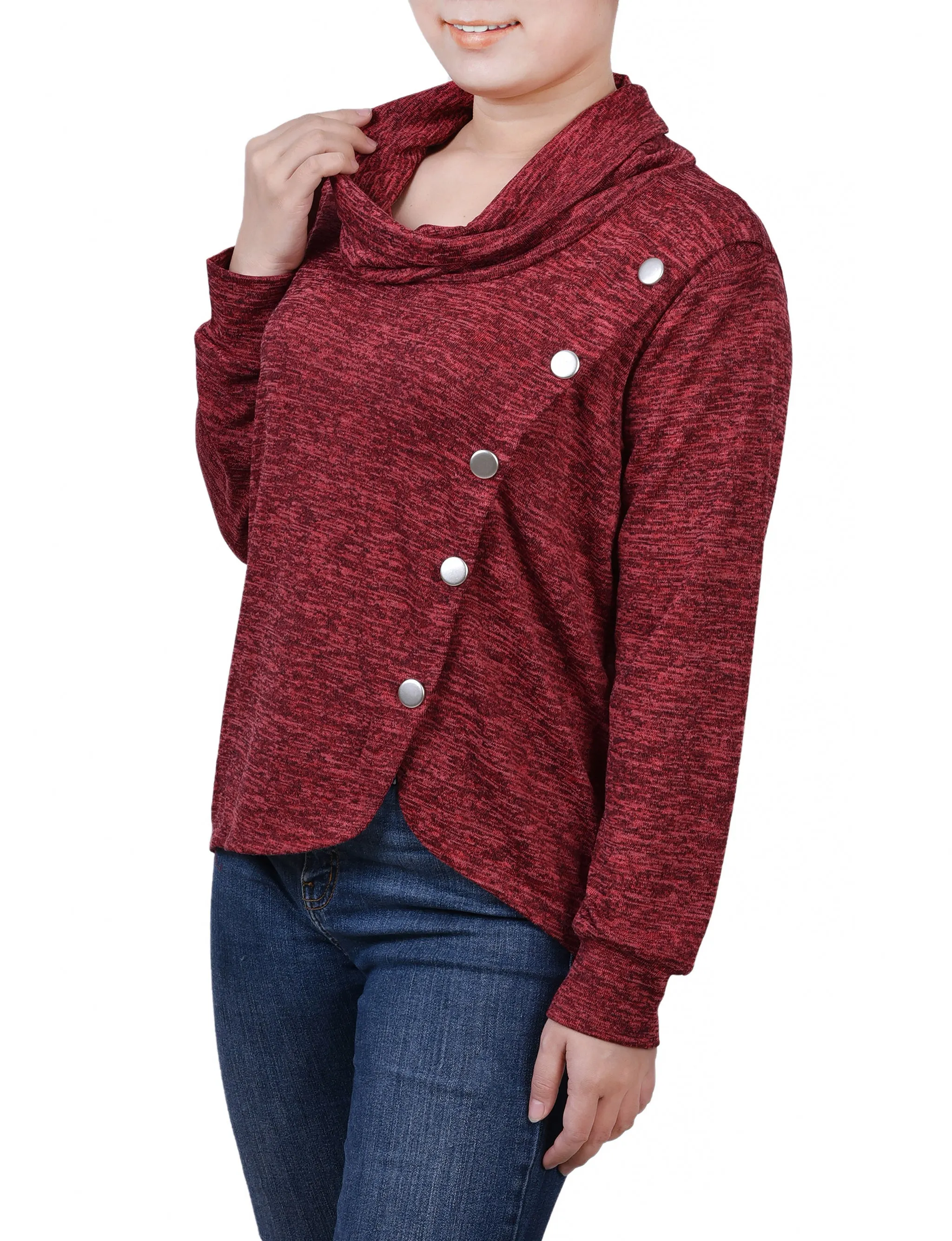 Long Sleeve Overlapping Cowl Neck Top