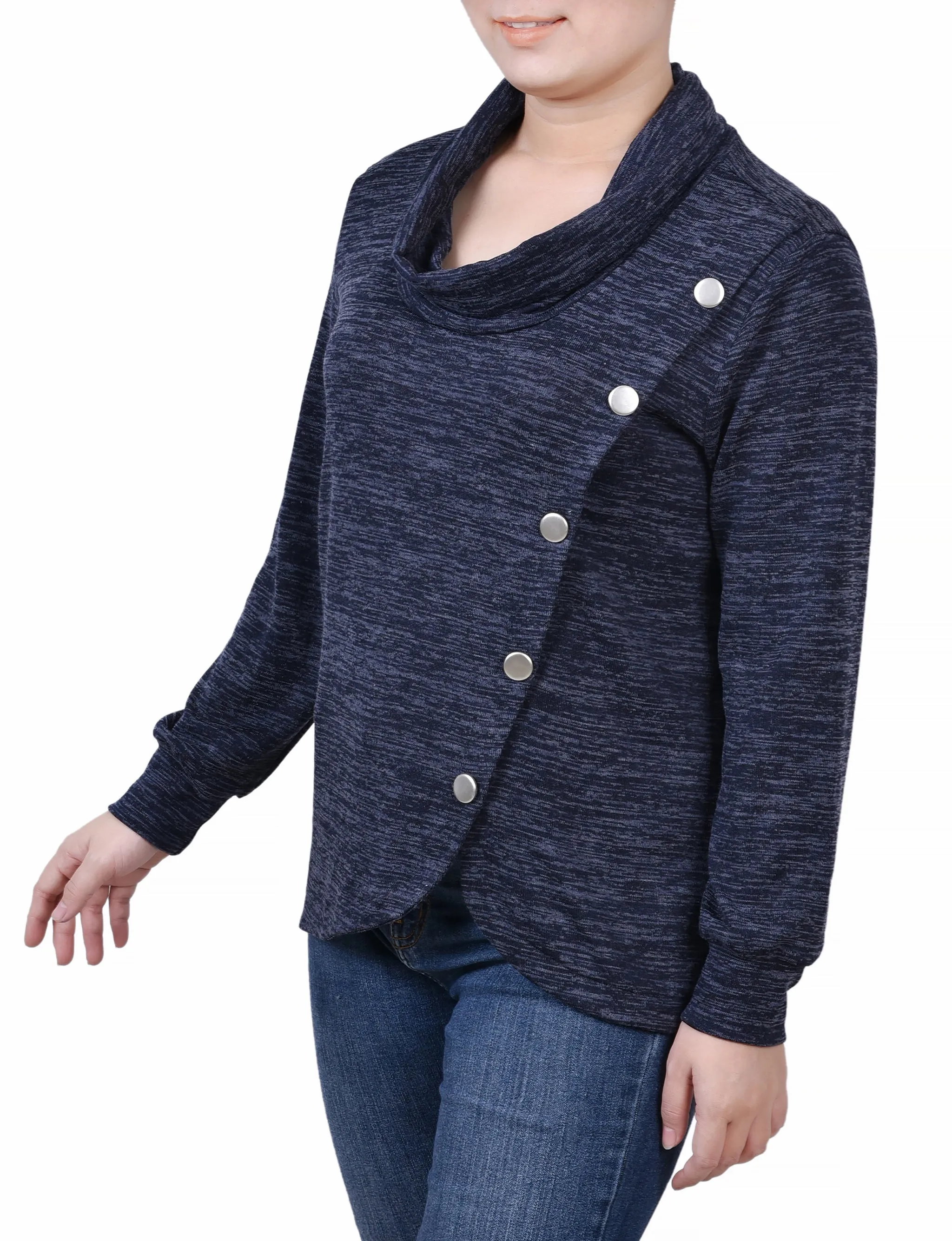 Long Sleeve Overlapping Cowl Neck Top