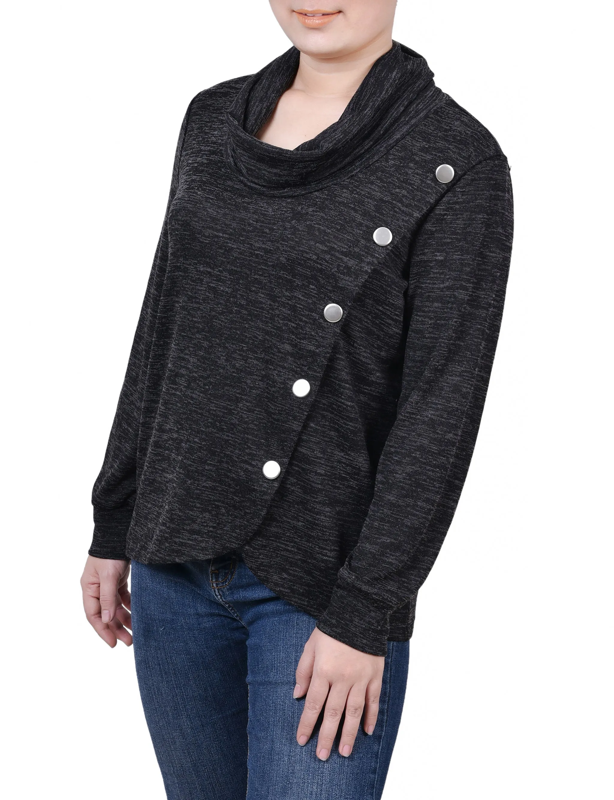 Long Sleeve Overlapping Cowl Neck Top