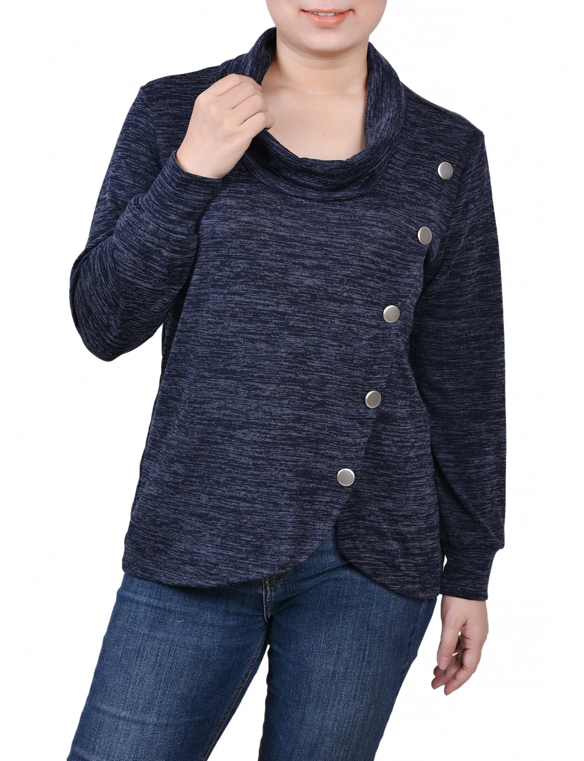 Long Sleeve Overlapping Cowl Neck Top