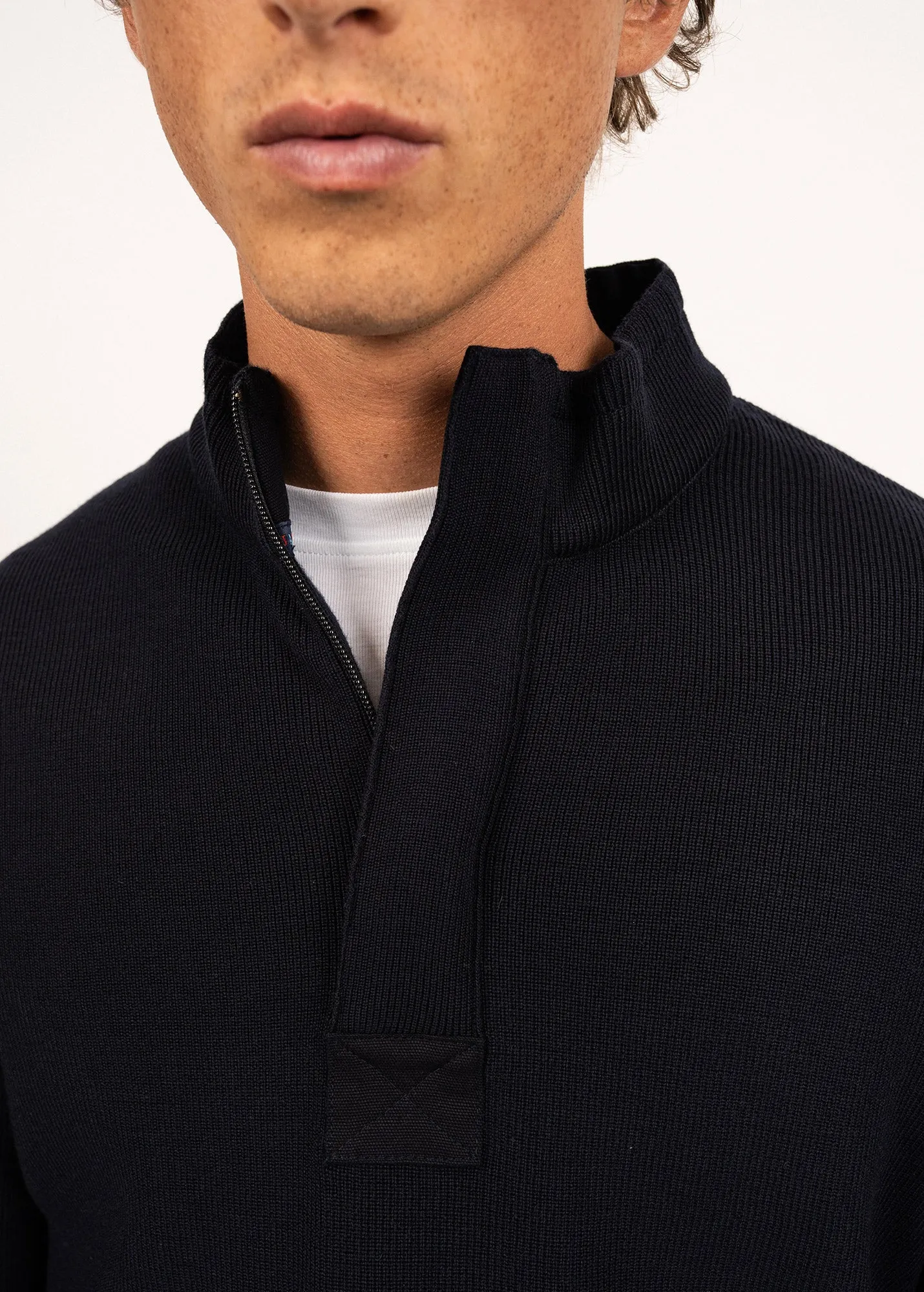 LOUP DE MER II - Quarter Zip Sweater with Forearm Canvas Trim For Men| 100% Wool (NAVY)