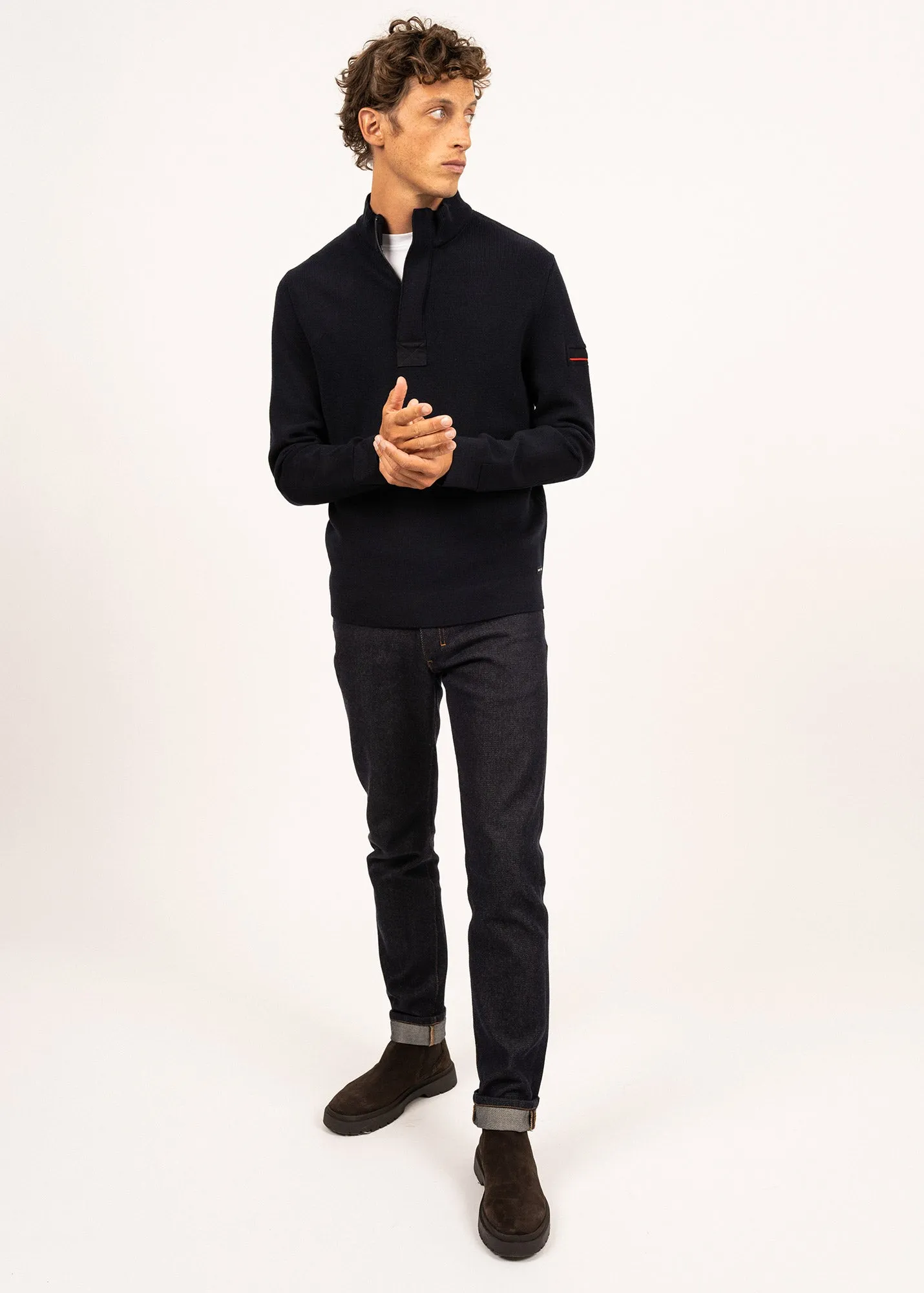 LOUP DE MER II - Quarter Zip Sweater with Forearm Canvas Trim For Men| 100% Wool (NAVY)