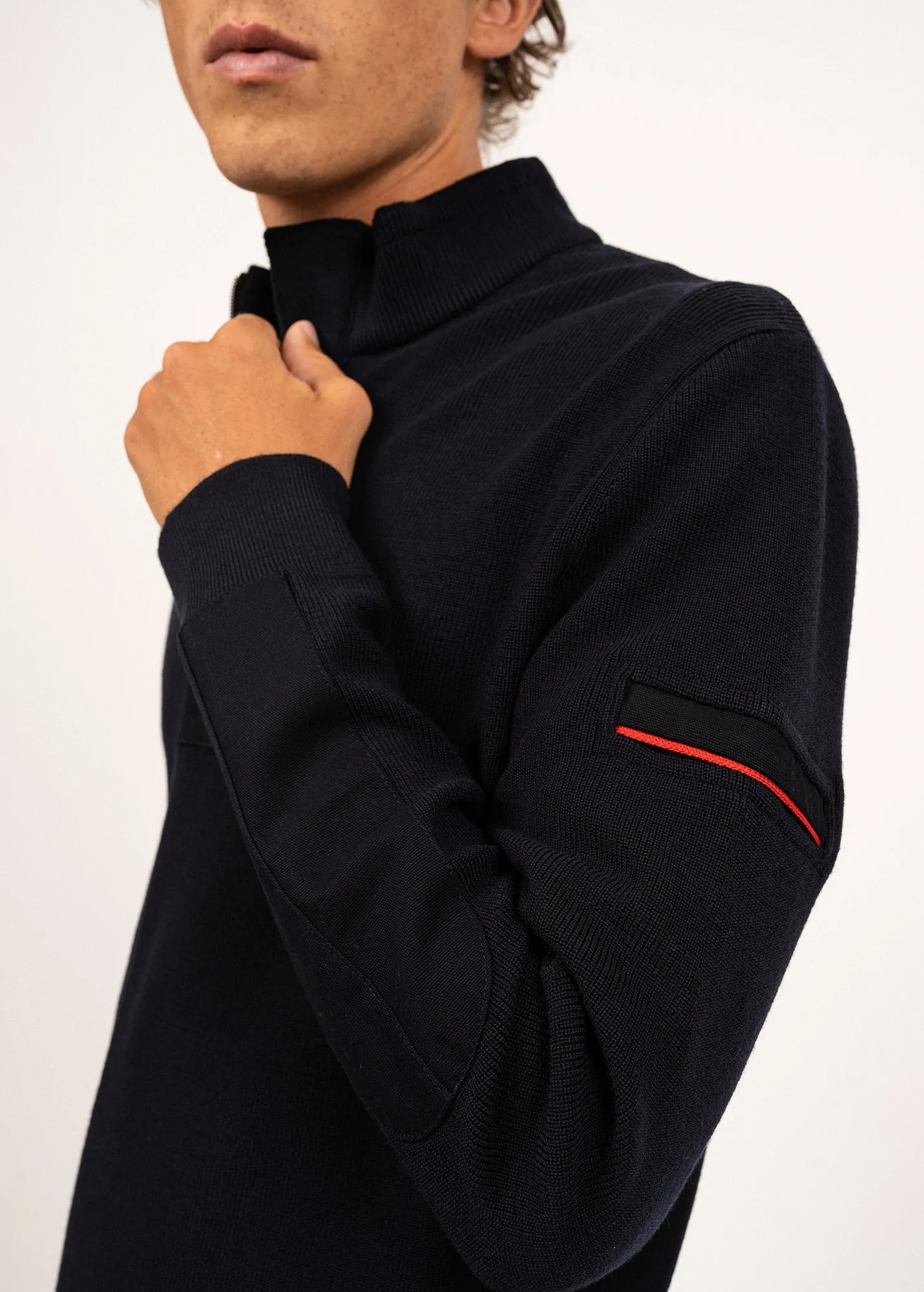 LOUP DE MER II - Quarter Zip Sweater with Forearm Canvas Trim For Men| 100% Wool (NAVY)