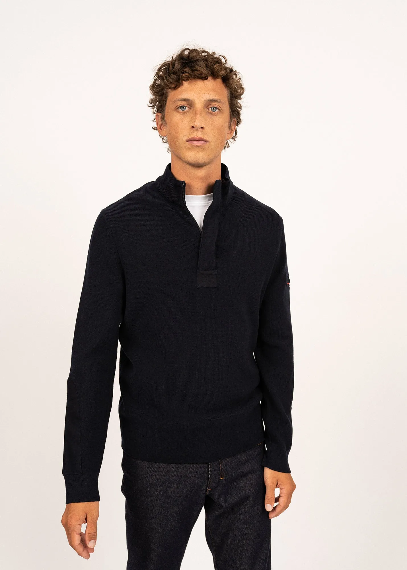 LOUP DE MER II - Quarter Zip Sweater with Forearm Canvas Trim For Men| 100% Wool (NAVY)