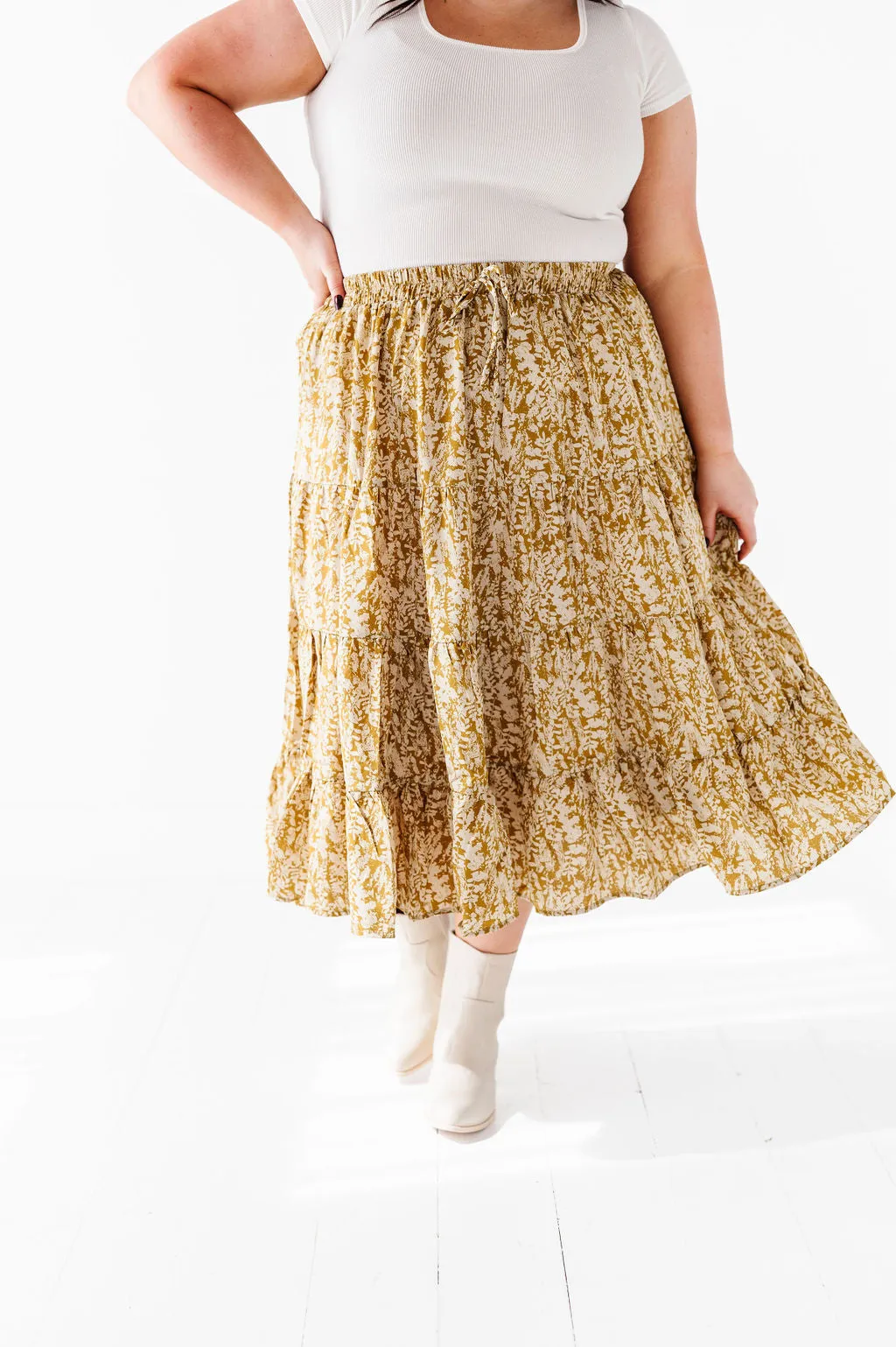 Meadow Tiered Midi Skirt in Mustard