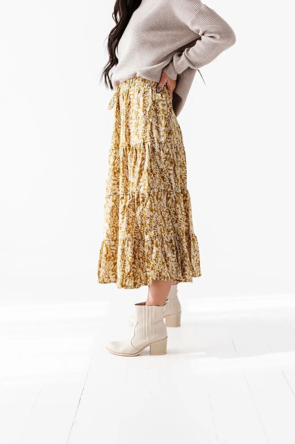 Meadow Tiered Midi Skirt in Mustard