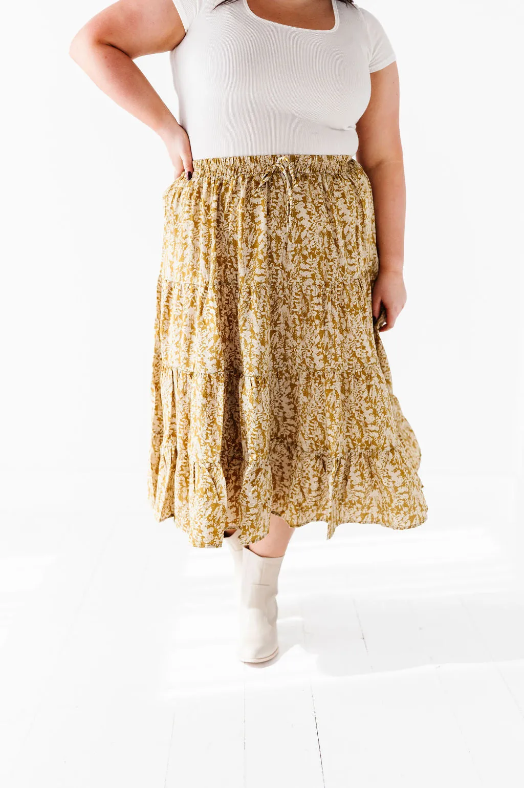 Meadow Tiered Midi Skirt in Mustard