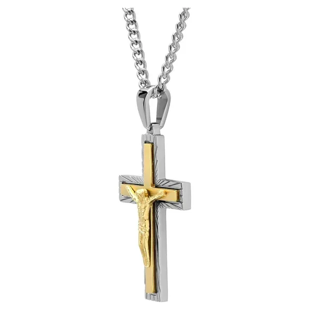 Men’s Two-Tone Yellow IP Stainless Steel Crucifix Pendant – 24 Inches