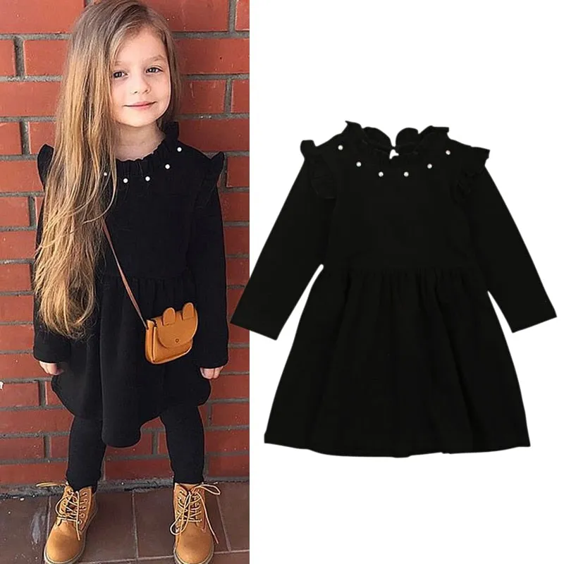 New Arrival Kids Girls Knitted Long Sleeve Black Dress Clothes New Winter Casual Black Dresses