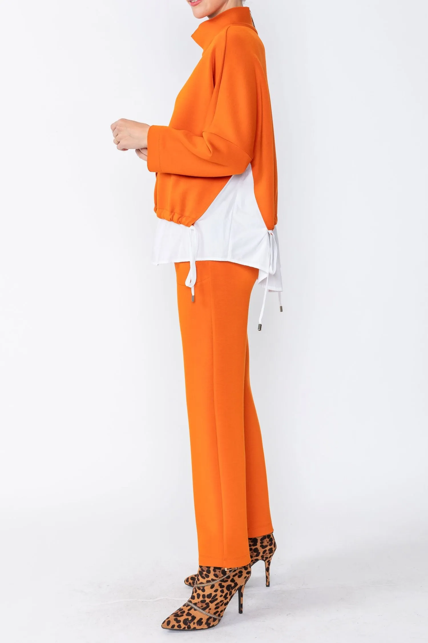 Orange High Stand Collar & Shirts Tail Layer Top