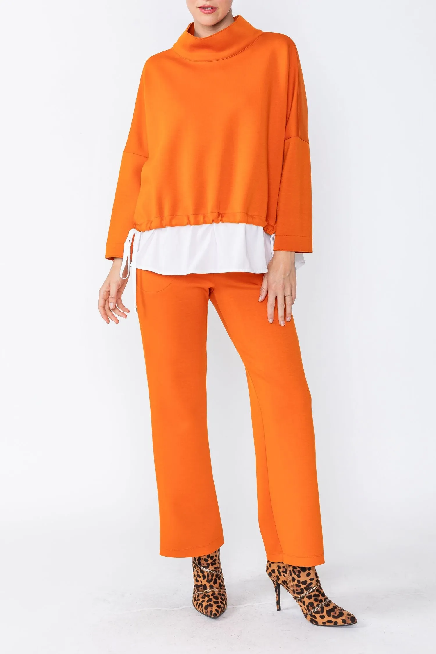 Orange High Stand Collar & Shirts Tail Layer Top