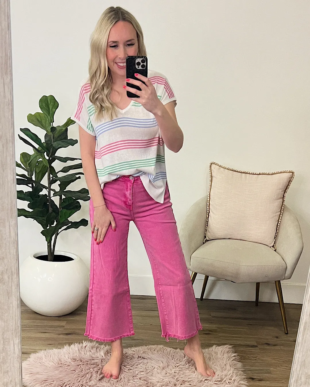 Paige Striped V Neck Short Sleeve Sweater - Pink, Sage and Blue FINAL SALE