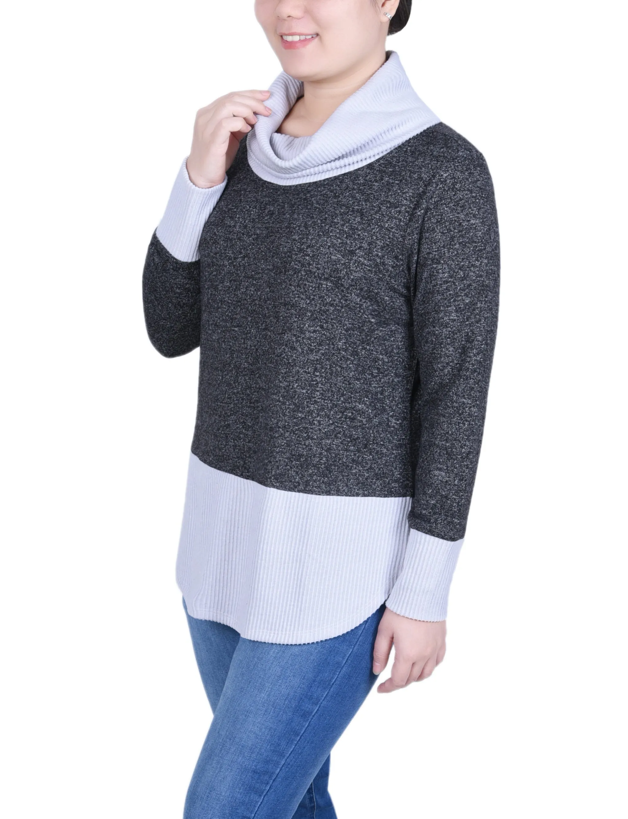 Petite Long Sleeve Cowl Neck Colorblocked Top