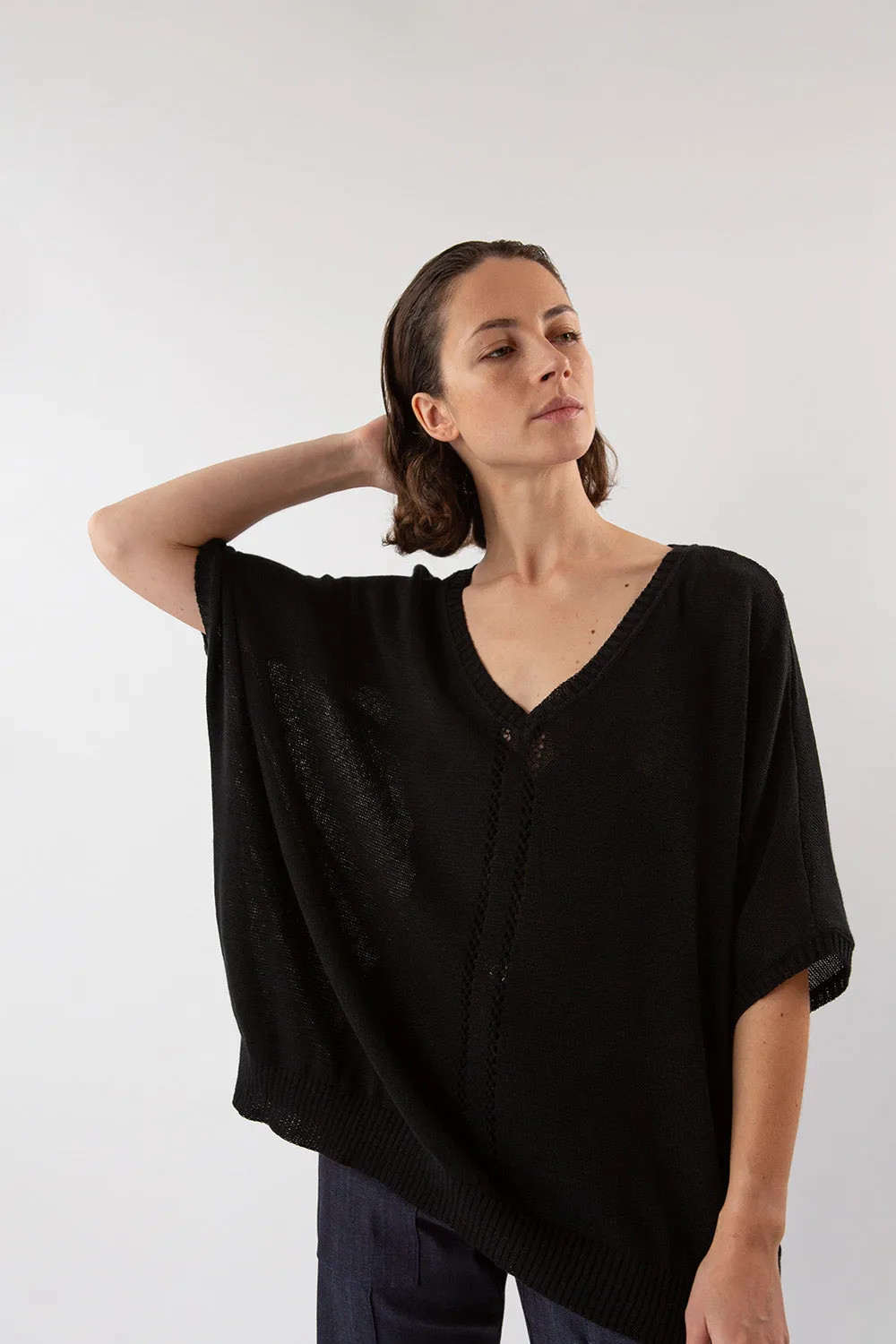 Pima Cotton V Neck Cocoon Sweater in Black