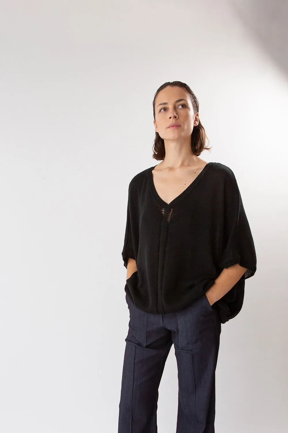 Pima Cotton V Neck Cocoon Sweater in Black