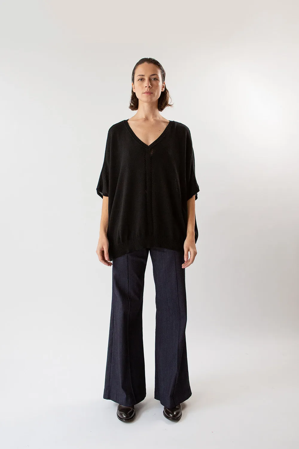 Pima Cotton V Neck Cocoon Sweater in Black