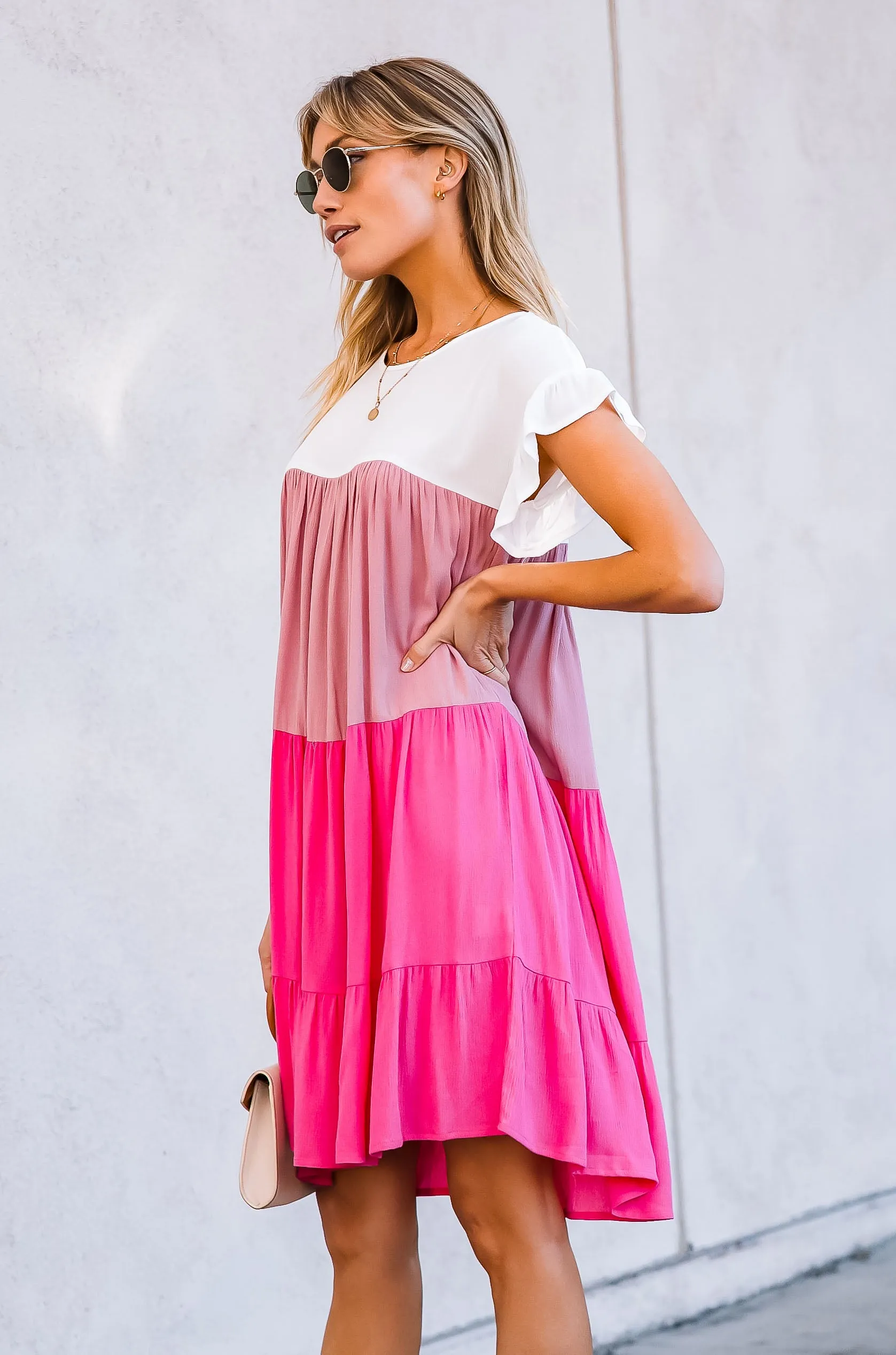 Pink Tiered Color Blocked Dress