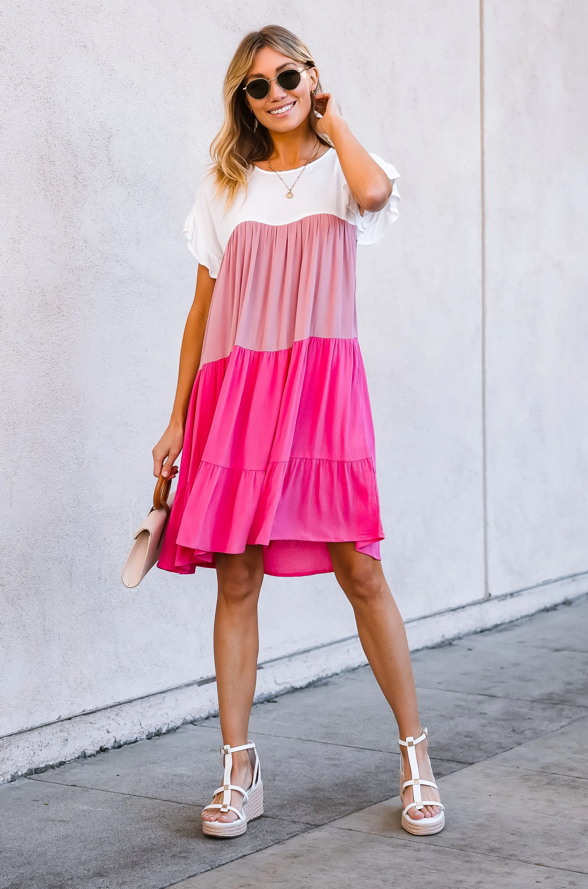 Pink Tiered Color Blocked Dress