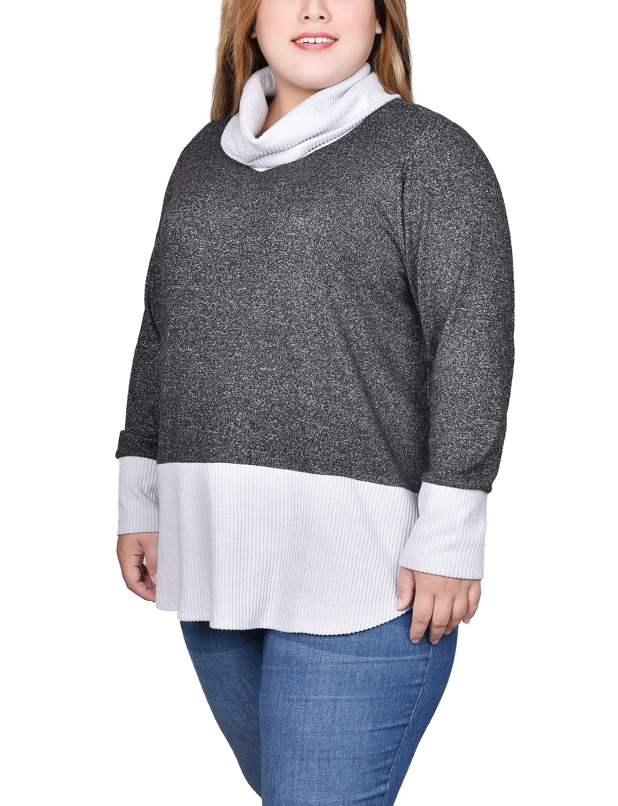 Plus Size Long Sleeve Cowl Neck Colorblocked Top