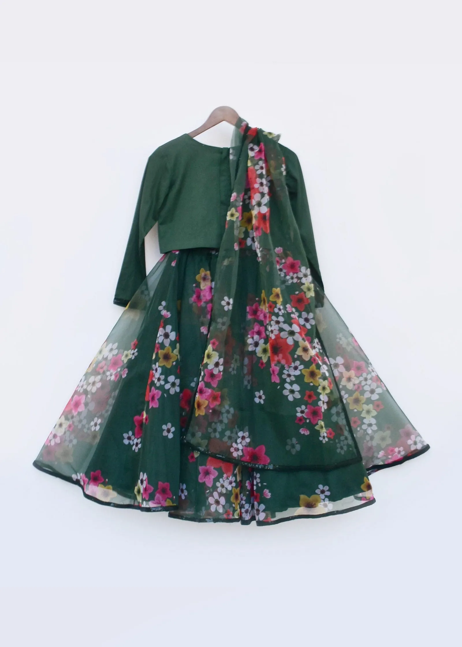 Pre-Order:  Green top with Green Printed Organza Lehenga and Dupatta