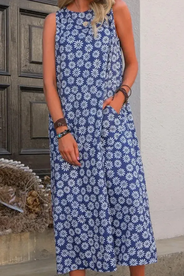 Printed Sleeveless Round Neck Midi Dress