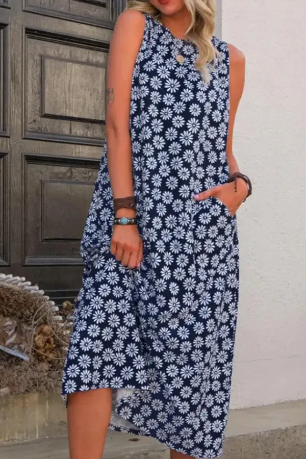 Printed Sleeveless Round Neck Midi Dress