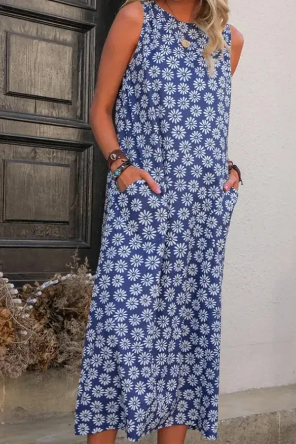 Printed Sleeveless Round Neck Midi Dress