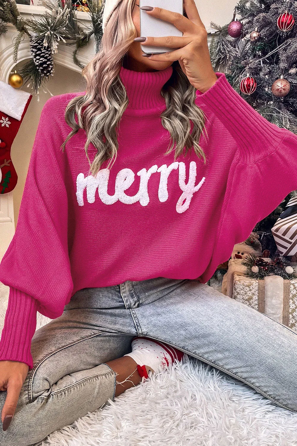 Red Merry Letter Embroidered High Neck Sweater