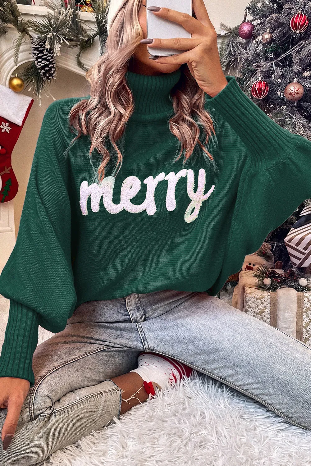 Red Merry Letter Embroidered High Neck Sweater