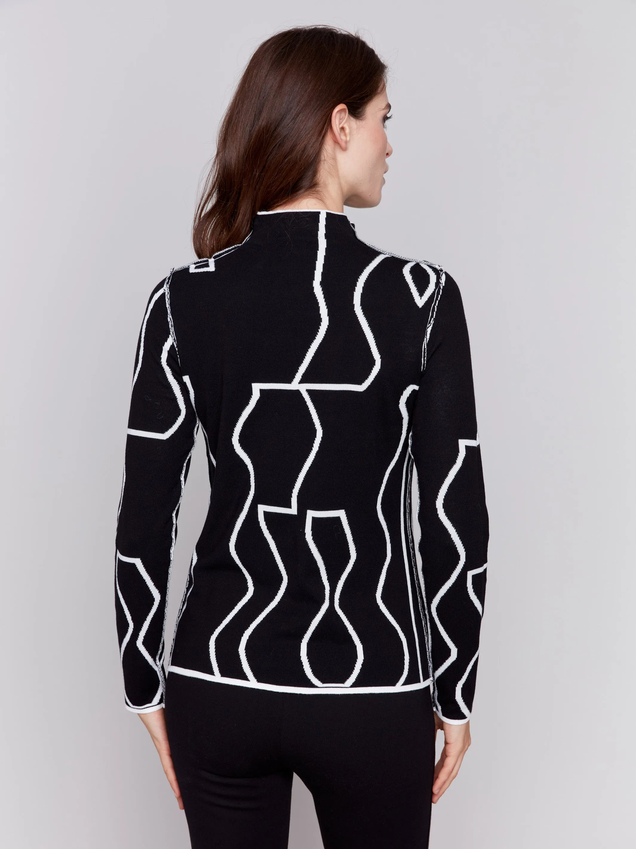 Reversible Jacquard Mock Neck Sweater - Black & Cream