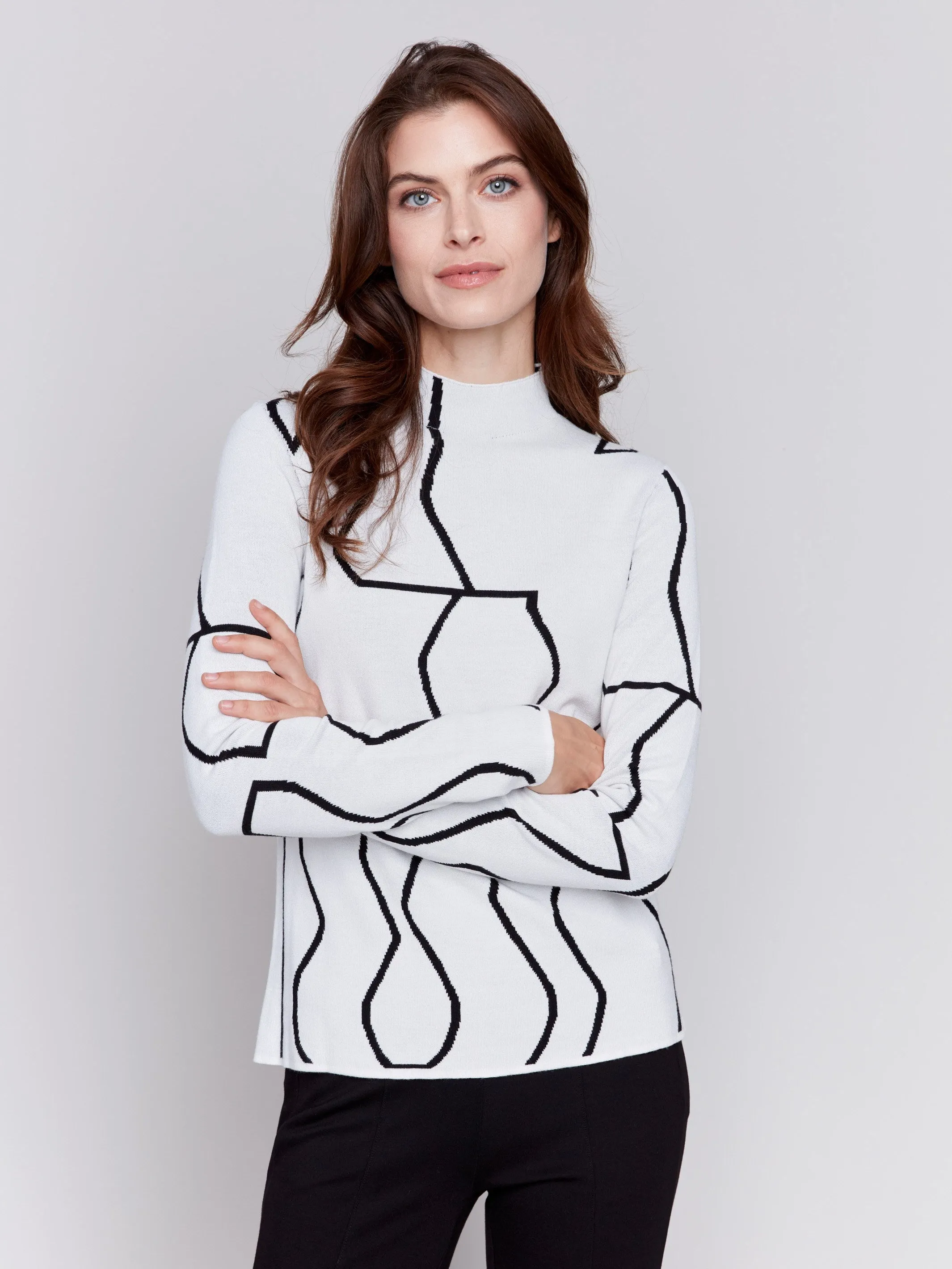 Reversible Jacquard Mock Neck Sweater - Black & Cream