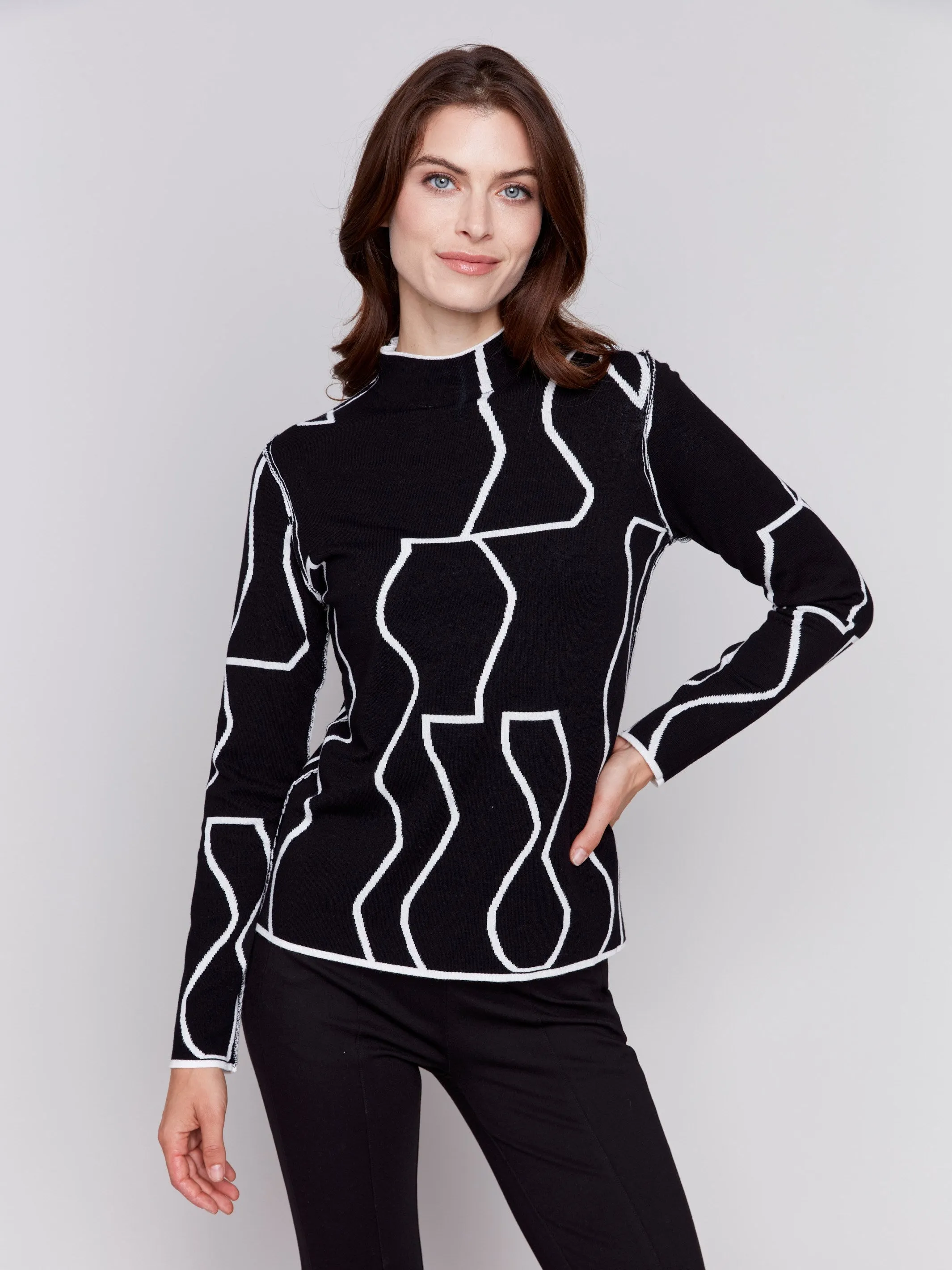 Reversible Jacquard Mock Neck Sweater - Black & Cream