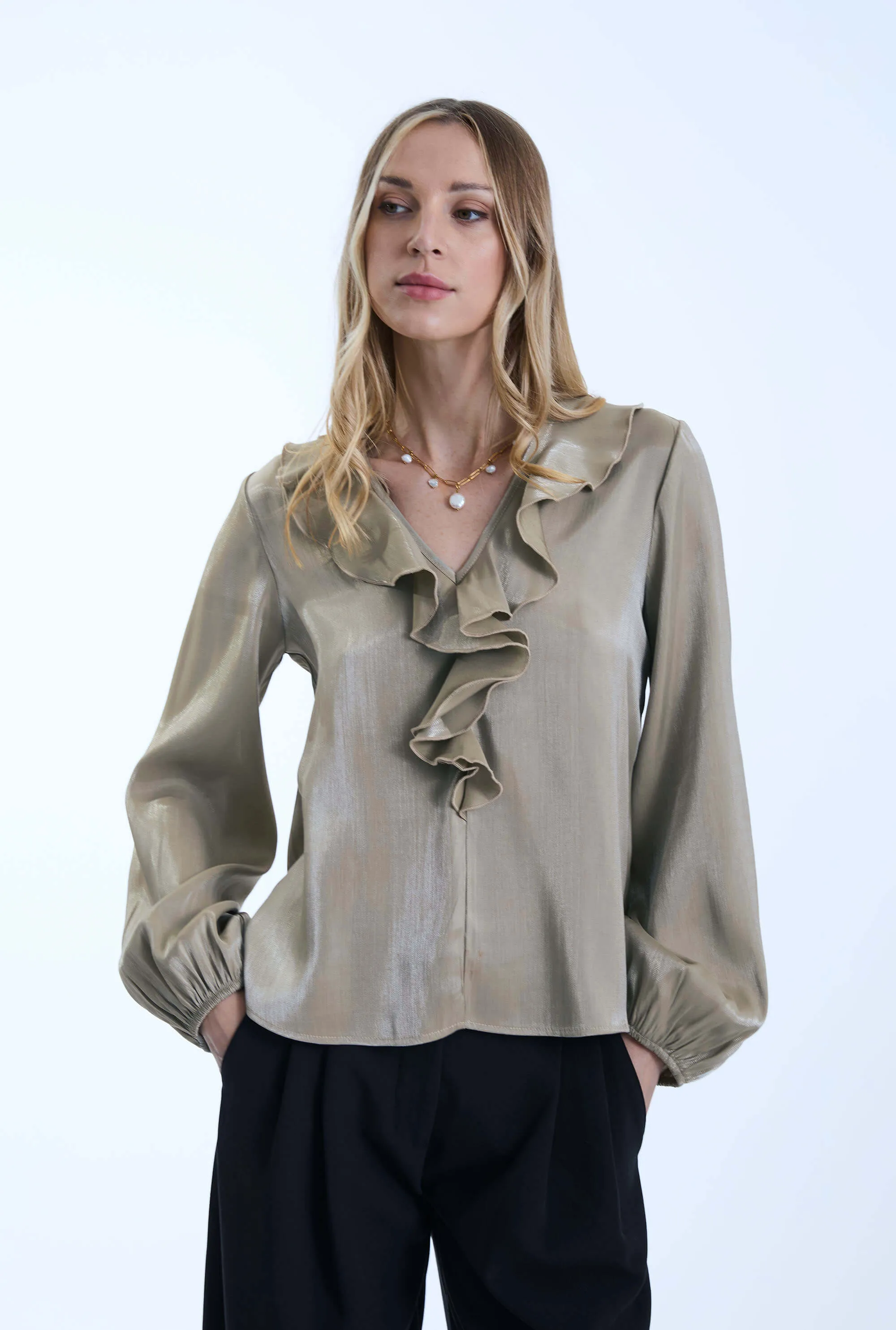 Sand Ruffled V-neck Blouse