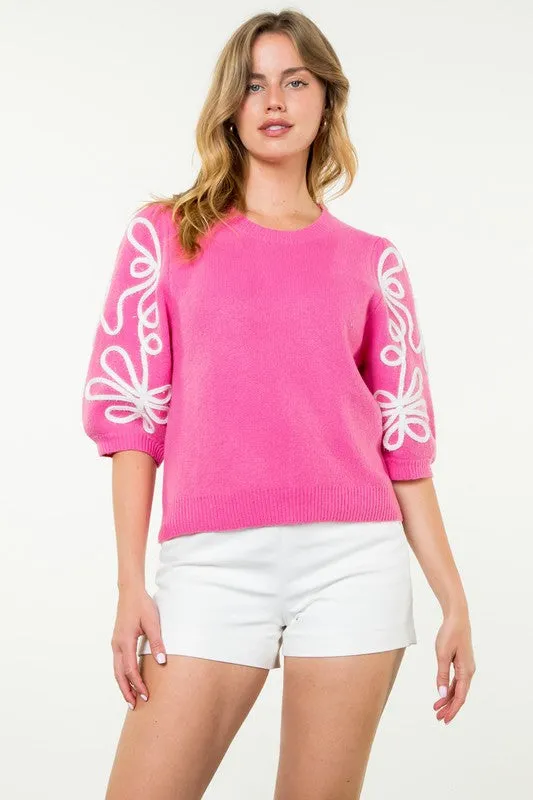 Short Sleeve Embroidered Detail Knit Top