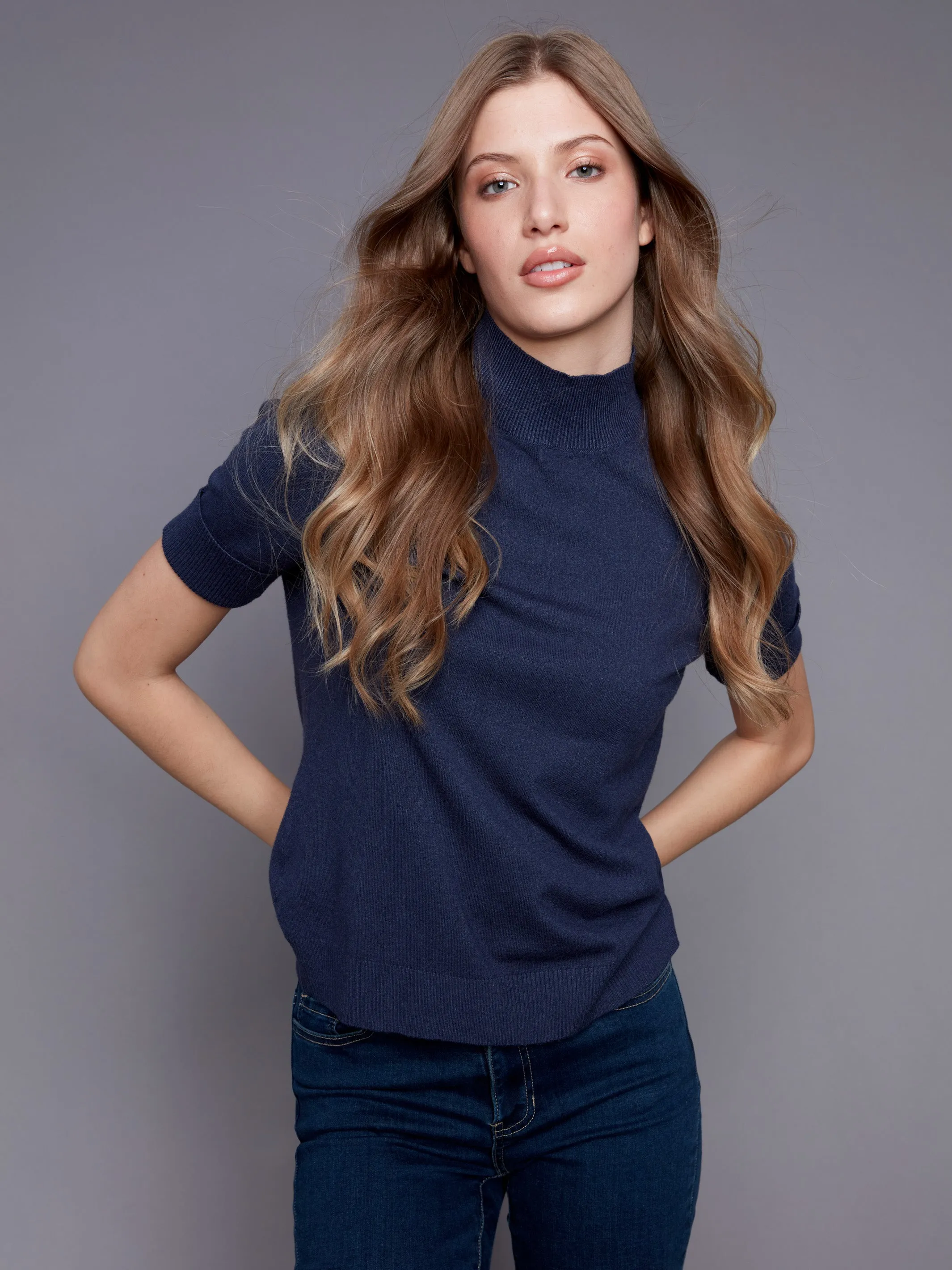 Short Sleeve Mock Neck Sweater - Denim