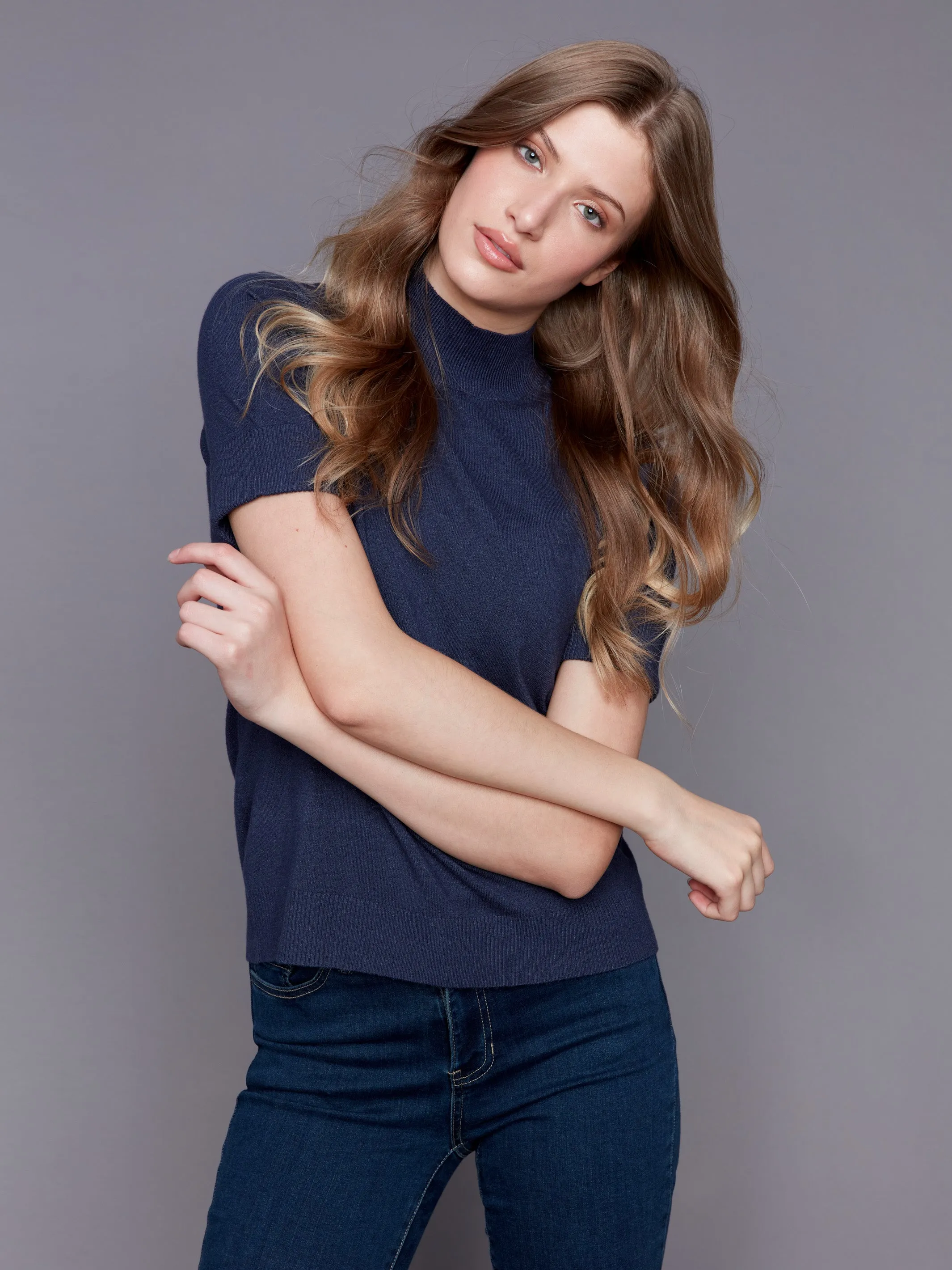 Short Sleeve Mock Neck Sweater - Denim