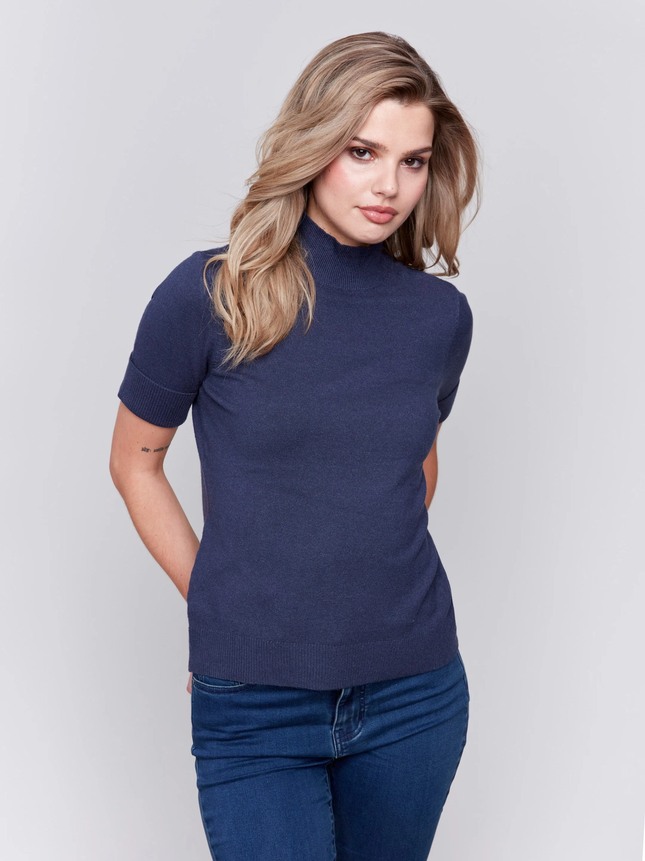 Short Sleeve Mock Neck Sweater - Denim