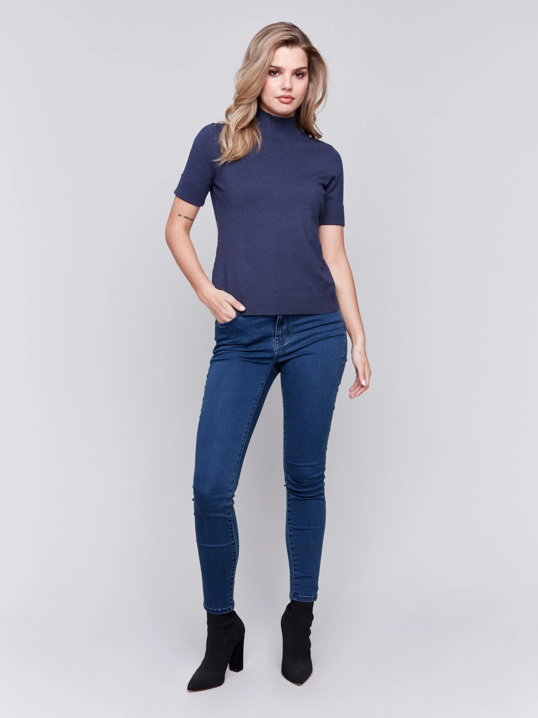 Short Sleeve Mock Neck Sweater - Denim