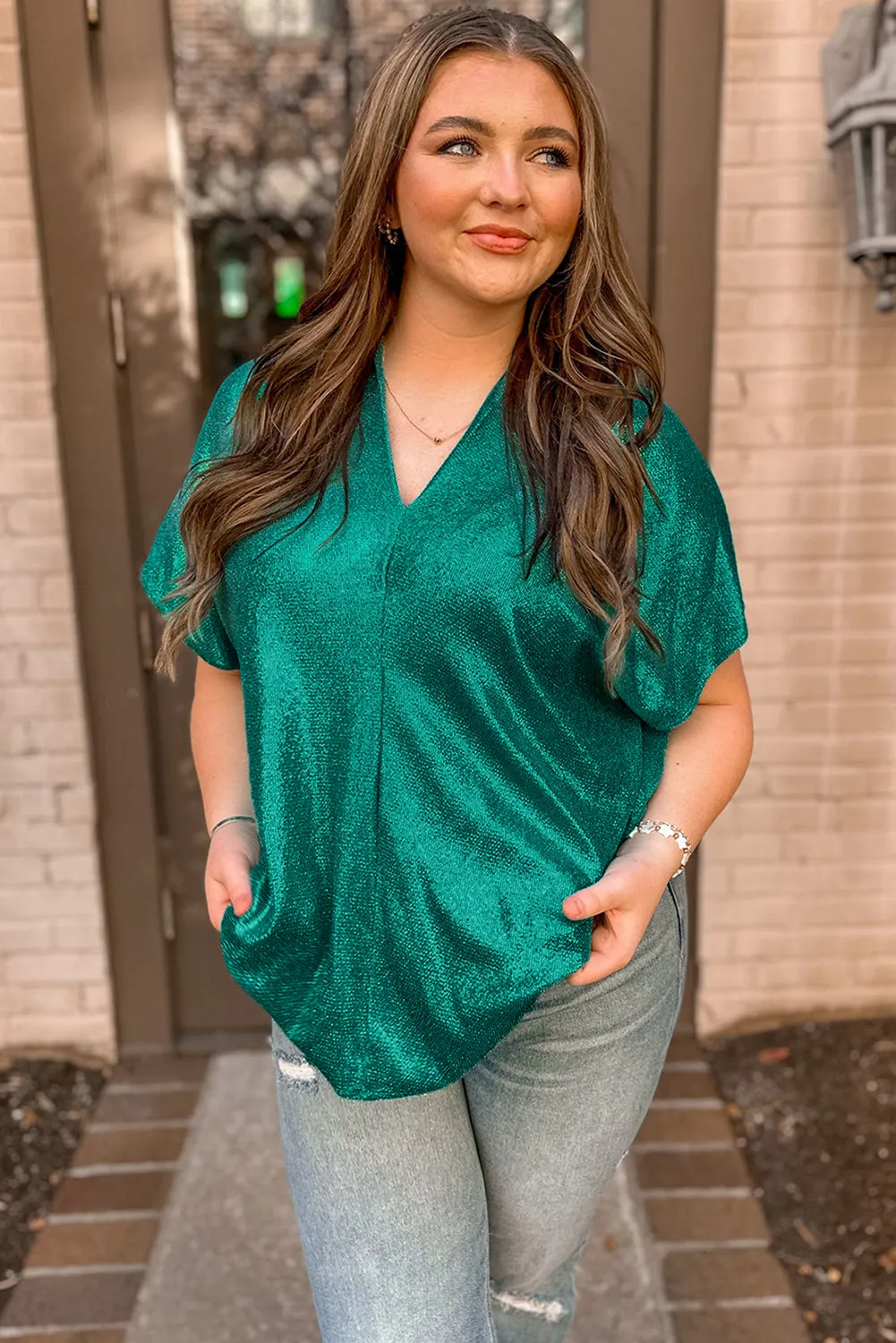 Skobeloff Solid Color Satin Plus Size V Neck Tee