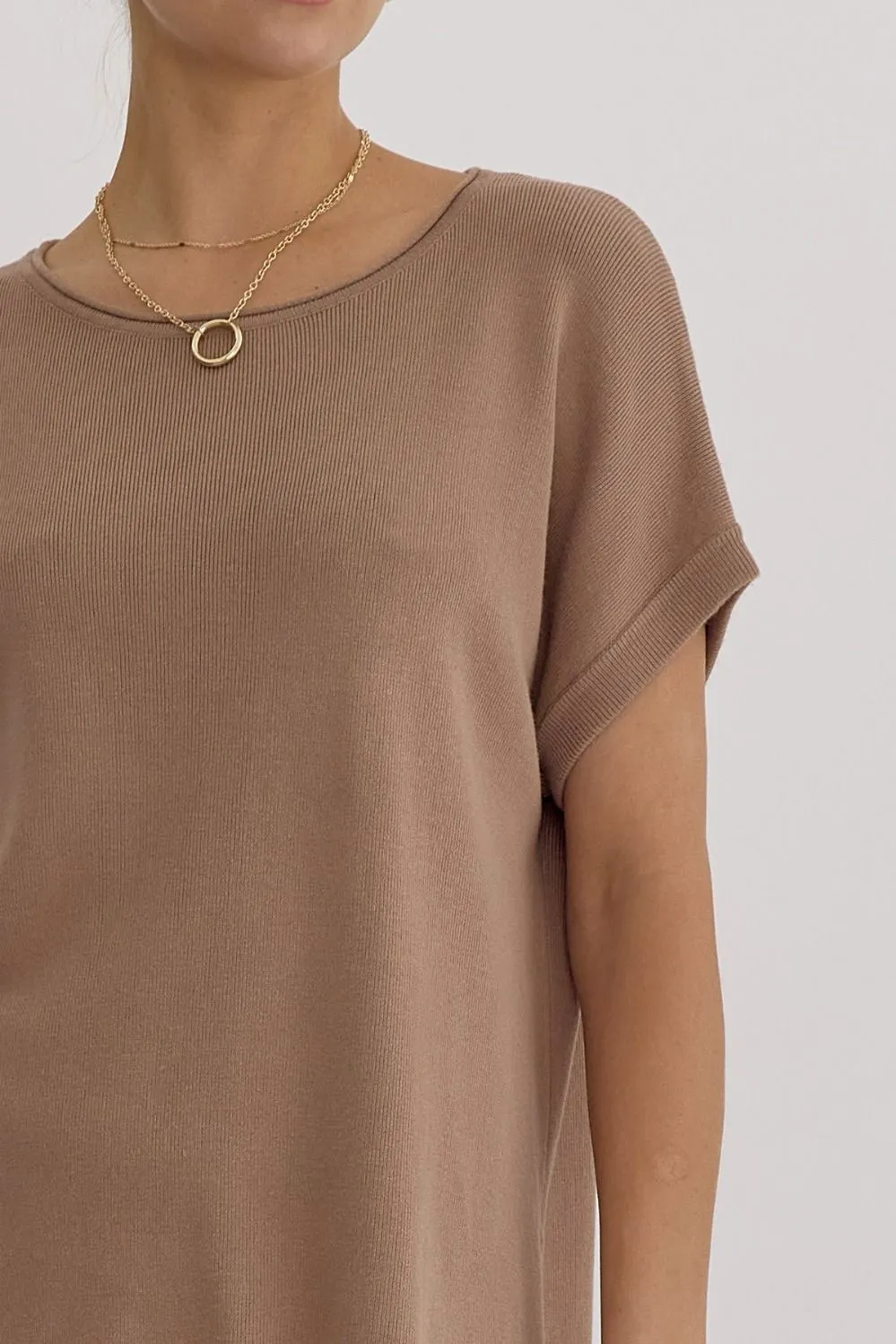 Solid Ribbed Round Neck Short Sleeve Top