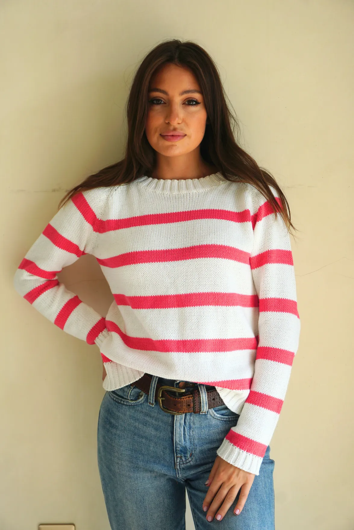 Stripe Sloane Crewneck in Raspberry